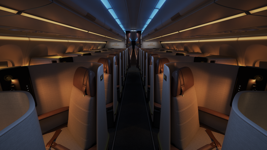 Vue intérieure de la cabine de classe d'affaires Airbus A321LR d'Etihad, avec des sièges premium avec un design moderne et un éclairage ambiant.