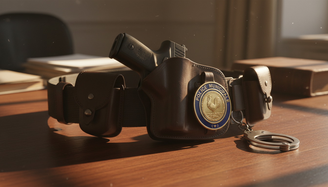 Badge et étui d'arme de police municipale sur un bureau
