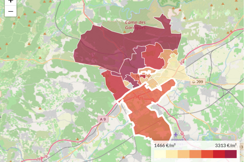 La carte des différentes zones immobilières de Nîmes (Gard) déterminées par Le Figaro immobilier.