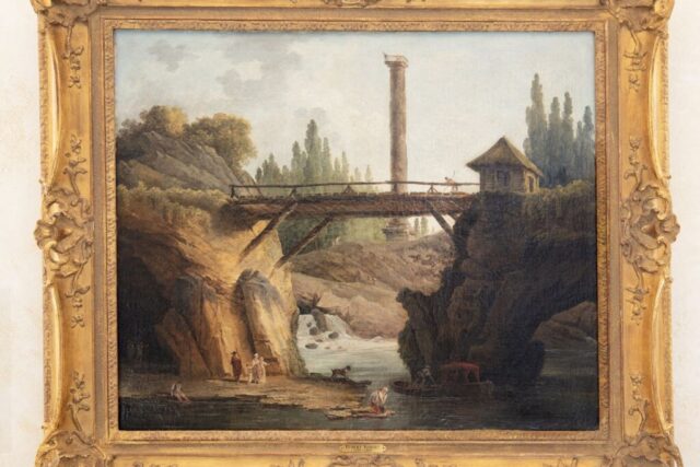 La peinture de Hubert Robert, intitulé « Vue du parc de Méréville et de la grande cascade derrière le pont rustique et le belvédère dominé par la tour Trajane » est classée au titre des monuments historiques. (© A. Bardochan, Archives départementales CD91)