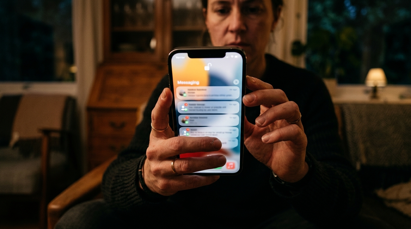 Main tenant un smartphone avec notifications floutées