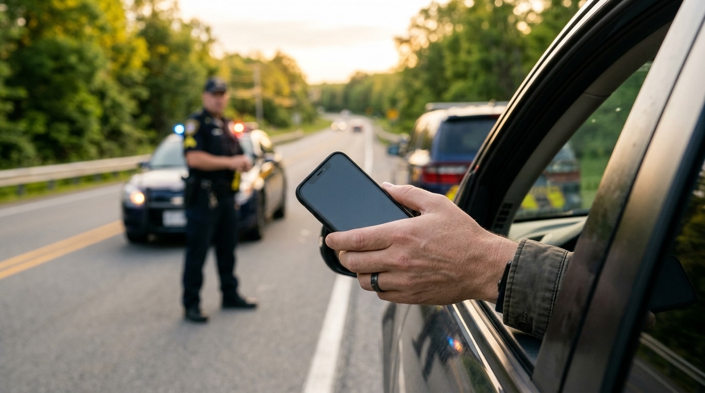 Main tenant un smartphone à la vitre d'une voiture